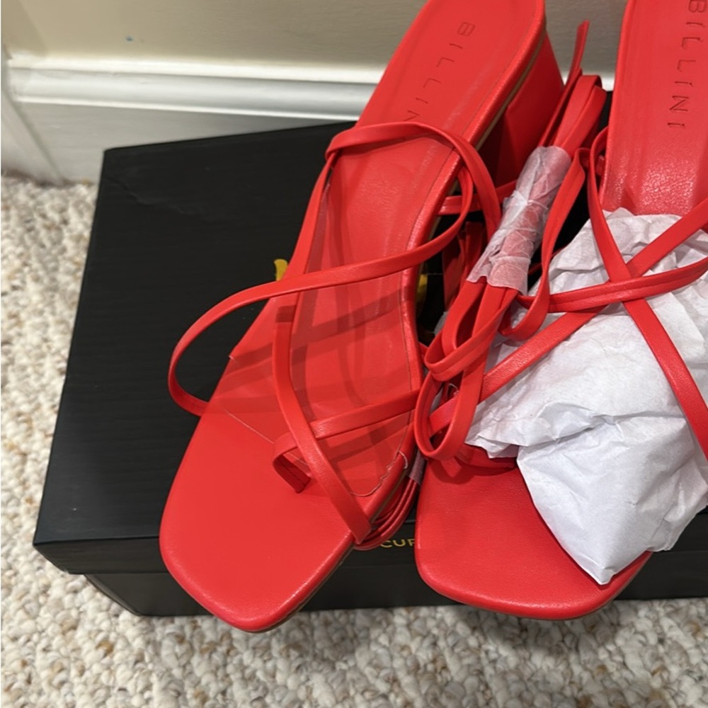 Billini Red Strappy Heels with Square Toe